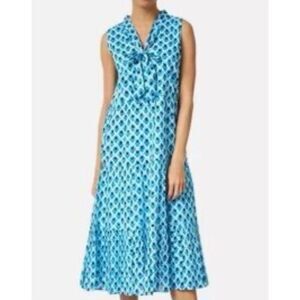 Sail to Sable blue geometric tiered tie neck midi dress M